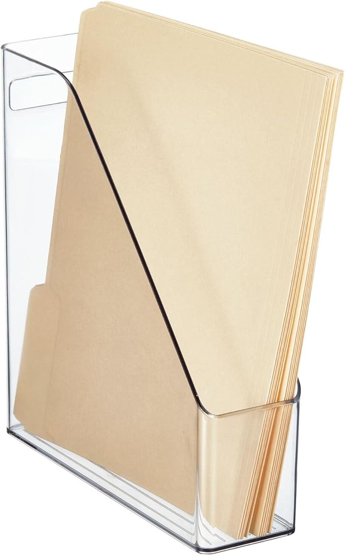 mDesign Plastic Slim Vertical File Folder Storage Organizer Bin with Handle - Hold Notebooks, Binders, Envelopes, Magazines for Home Office, Work Desktops, Ligne Collection, Clear