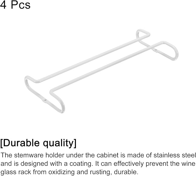 uxcell Wine Glass Rack Under Cabinet, 4Pcs 10-Inch Stemware Wine Glass Hanging Rack Stainless Steel Wine Glass Organizer Storage Hanger for 5mm Stemware Column, White