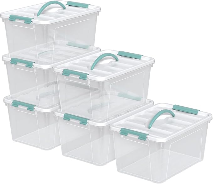 6 Pack Plastic Latching Box with Handle, 12 Quart Clear Lidded Storage Bin