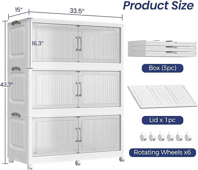 150Gal Extra Large Stackable Storage Bins with Lid, 600QT Foldable Collapsible Storage Box with Doors and Wheels, Plastic Closet Organizers Container Drawer for Bedroom Dorm Kitchen, 3Pack