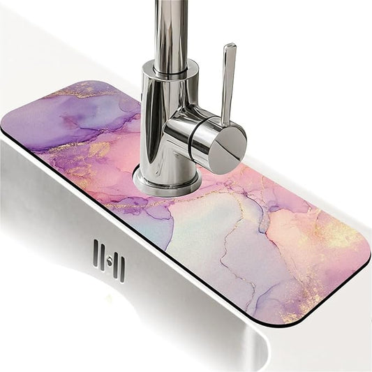 Kitchen Sink Splash Guard，Pink purple marble Faucet Mat Sink Gadgets-Super Absorbent Fast Drying Mat Drip Catcher for Kitchen, Bathroom,Sink Mat, Dish Drying Mat, Bathroom(15" X 5.5" )