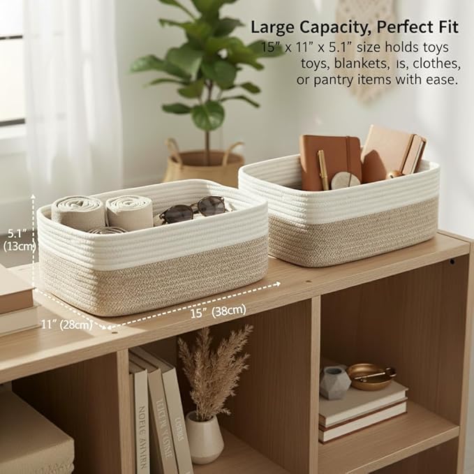 Large Shallow Basket, Storage Baskets for Organizing 2 Pack, 15"x11"x5.1", Rope Basket for Shelves, Living Room, Nursery, Bedroom, Gift Basket, White & Mixed Brown