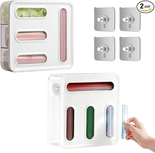 Food Storage Bag Organizer, 4 in 1 Plastic Sandwich Bag for Kitchen Storage, Holds Gallon, Quart, Sandwich, Snack & Slider Bags, Wall Mount & Drawer Baggie Organizer, BPA Free, White, Local Stock-2pcs