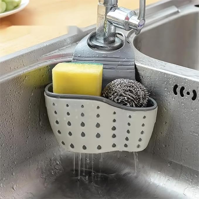 Kitchen & Bathroom Sink Caddy – Adjustable Hanging Strap Sponge and Soap Holder with Drain Holes for Drying, Plastic Faucet Organizer