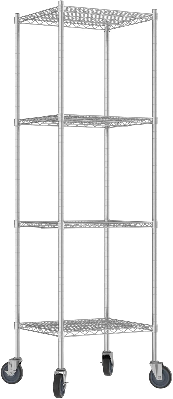 Commercial NSF Listed Chrome Mobile Wire Shelving Kit 21" x 24" x 80", with 4 Shelves Perfect for Warehouse, Walk-in Refrigerator, Freezer, Grocery Store, Restaurant, Dishroom