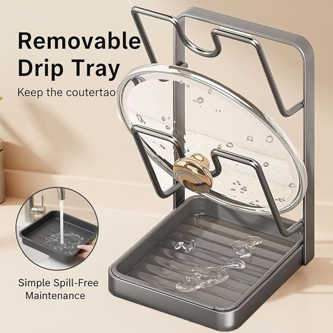 Kitchen Pot Lid Storage Rack, Pot Lid Holder While Cooking, Double Layer Lid And Spoon Rest With Tray, Multifunctional Organizer Spatula Holder For Stovetop Kitchen Counter (Single Layer-grey)