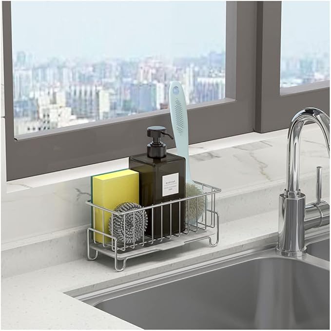 Kitchen Sink Caddy Organizer, Sponge Holder with Drain Pan, 304 Stainless Steel, for Sponges, Soap, Kitchen, Bathroom, Silver