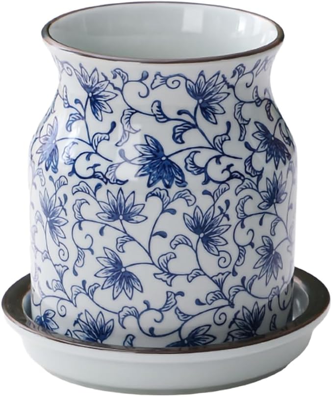 WAIT FLY Blue and White Porcelain Kitchen Utensil Holder with Bottom Flatware Storage Organizer Utensil Crock for Countertop Kitchen Counter Decor-5.5 Inch