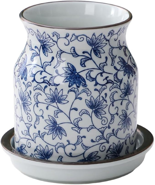 WAIT FLY Blue and White Porcelain Kitchen Utensil Holder with Bottom Flatware Storage Organizer Utensil Crock for Countertop Kitchen Counter Decor-5.5 Inch