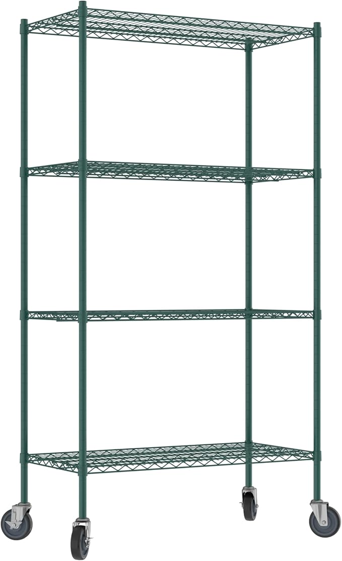 Commercial NSF Listed Green Epoxy Mobile Wire Shelving Kit 21" x 42" x 80", with 4 Shelves Perfect for Warehouse, Walk-in Refrigerator, Freezer, Grocery Store, Restaurant, Dishroom