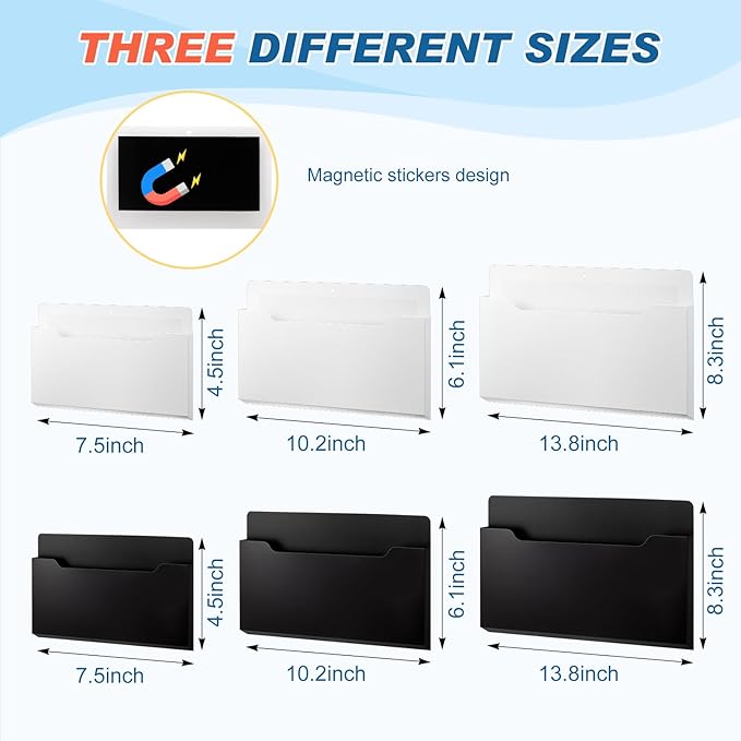 Fuutreo 6 Pcs Magnetic Wall File Organizer Magnetic Wall File Holder Refrigerator Magazine Holder for Mail Letters Paper(Black, White,12.6x9.5, 9x7, 6.6x4.8 Inch)