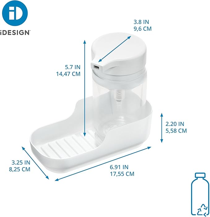 iDesign Recycled Plastic Soap Pump and Tray, Clear & White (Pack of 2)