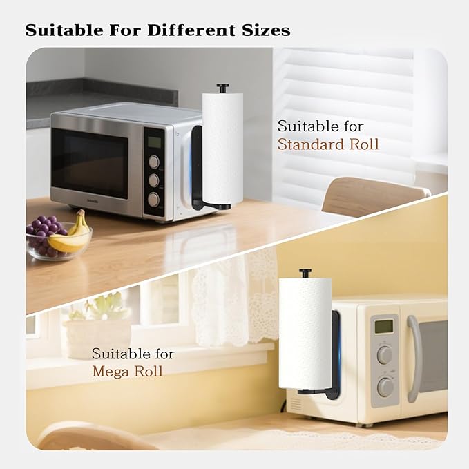 Magnetic Paper Towel Holder for Fridge - No Drill, One Hand Tear with Ratchet Mechanism, Black, Self-Adhesive & Wall Mount for Kitchen, RV, Garage