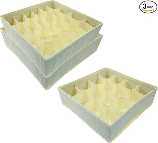 3 Pack Sock Underwear Organizer Dividers, Collapsible & Foldable Cabinet Organizer Storage Boxes, 64-Cell Fabric Drawer for Socks, Underwear, Ties (16+24+24 Cell, Beige)