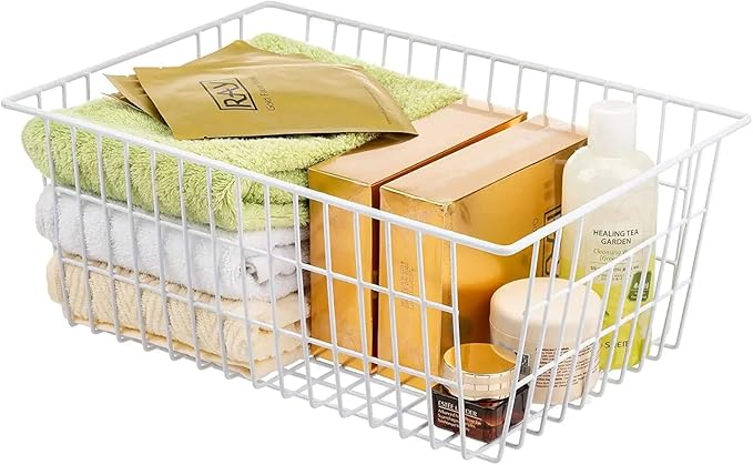 GEDLIRE 15.2" Metal Wire Baskets for Organizing 6 Pack, Household Pantry Storage Freezer Organizer Bins with Handles, Freezer Baskets for Upright Freezer, Refrigerators, Kitchen Cabinets, White