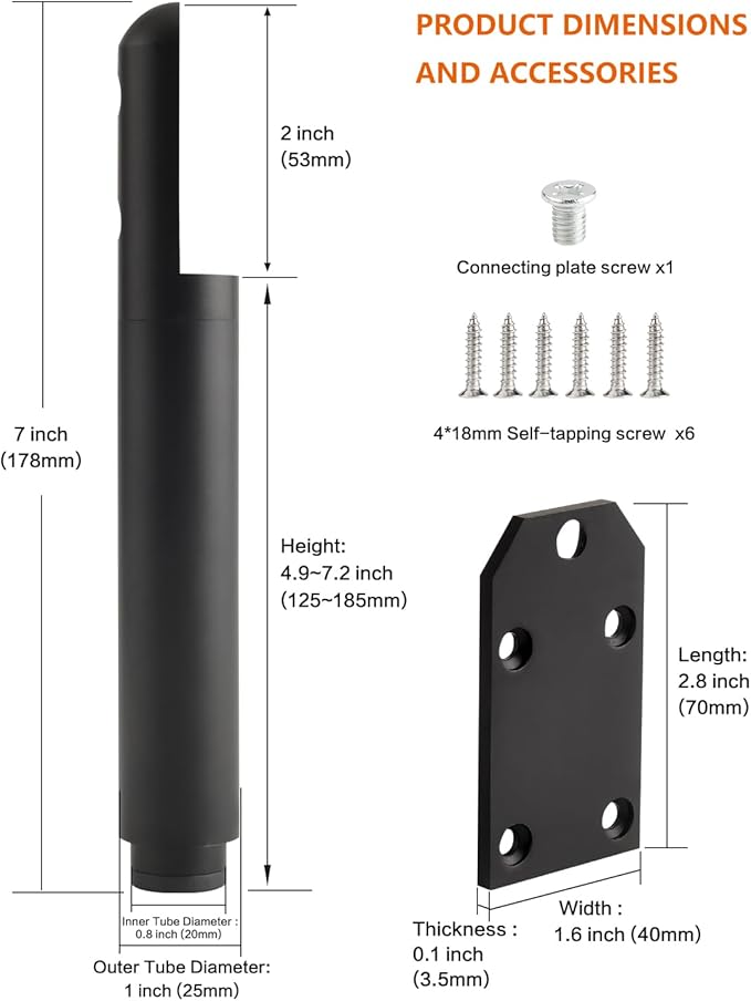 Dresser Legs Set of 4 Adjustable Feet for Furniture Black 4.9-7.2 Inch Metal Legs Stand Table Legs Bathroom Cabinet Feet Extenders Cylinder Bed Support Feet