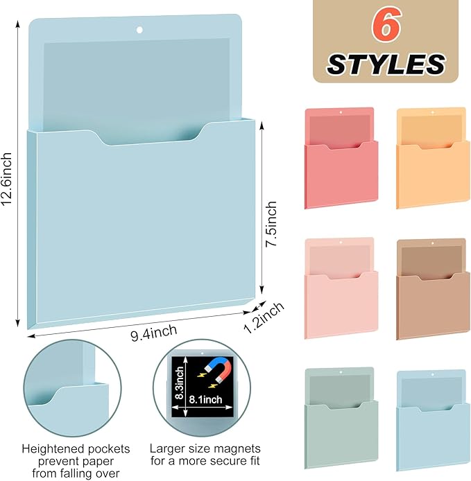 Fuutreo 6 Pcs Magnetic Wall File Organizer Magnetic Wall File Holder Refrigerator Magazine Holder for Mail Letters Paper(Light Vintage,12.2 x 9.4 Inch)