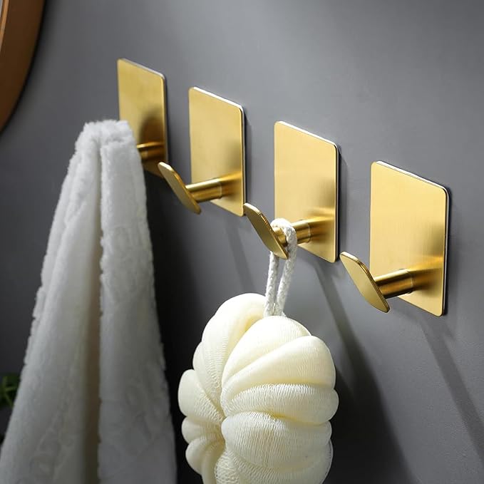 GARGIER Gold Adhesive Hooks for Wall Hanging - Fit for Coat Door Towel Hooks for Bathrooms Decorative Kitchen Shower Glass Wall 304 Stainless Steel Robe &Towel Hooks Brushed Gold 4 Packs