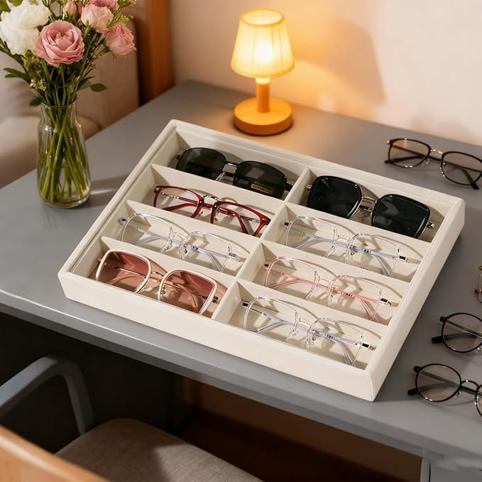 Glasses Holder Box Drawer Sunglass Organizer for Men Clear Wide Storage Case 8 Slots Multiple Reading Glasses Display, Beige Velvet