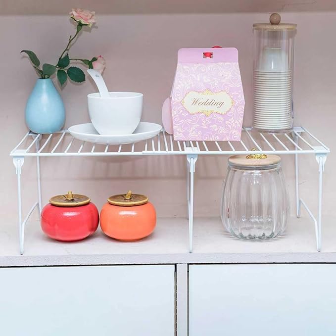 1/2-Piece Set cabinet organizer shelf,kitchen counter shelf,Foldable Pantry Shelf,Plate, Dish,Rustproof Metal Storage Organizer (1, White)