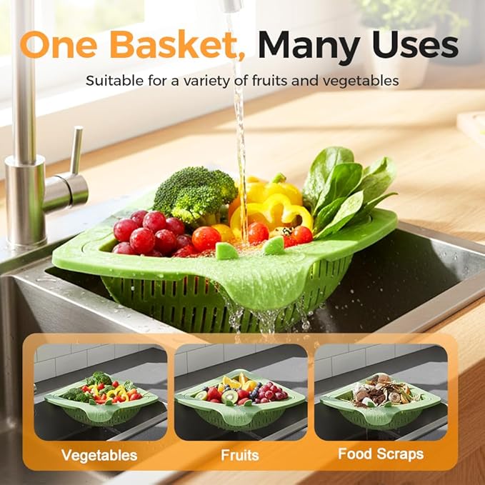 Magnetic Drainage & Filter Basket, Kitchen Corner Sink Strainer, Triangular Sink Strainer with Twist-Open Bottom, Kitchen Sink Corner Rack for Draining & Storage, Punch-Free Installation (GREEN)