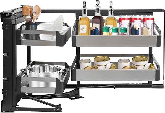 2 Tier Blind Corner Cabinet Pull Out Organizer, Left Pull-Out Shelf with 4 Baskets Stainless Steel Swivel Corner Cabinet Organizer for Kitchen Base Cabinet