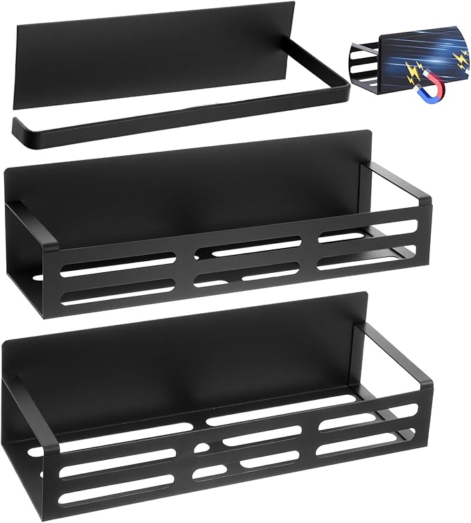 xozeooeu 3 Pack Magnetic Spice Rack for Refrigerator with Paper Towel Holder, Black Rustproof Fridge Organizer, Strong Magnetic Kitchen Storage Shelves