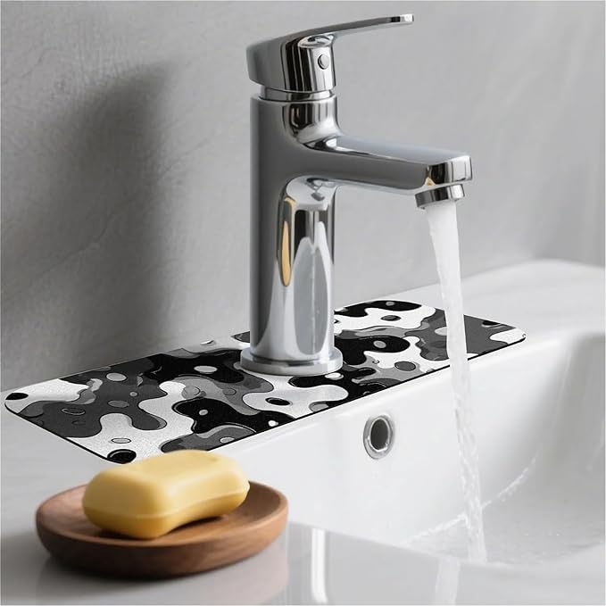 Kitchen Sink Splash Guard，Grey and white camouflage Faucet Mat Sink Gadgets-Super Absorbent Fast Drying Mat Drip Catcher for Kitchen, Bathroom,Sink Mat, Dish Drying Mat, Bathroom(15" X 5.5" )