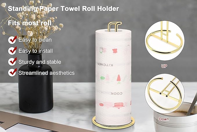 NearMoon Paper Towel Holder, Sturdy Paper Towel Stand Dispenser-All Metal, Standard or Jumbo-Sized for Kitchen Countertop, Farmhouse, Living Room (1 Pack, Gold)