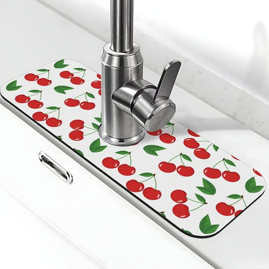Fruit Cherry Red Cherries Leaves Leaf White Kitchen Sink Splash Guard Faucet Mat Super Absorbent Fast Drying Mat Sink Gadgets-Fast Drying Pad Sink Mat For Kitchen Bathroom (15" X 5.5" )
