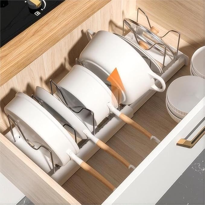Adjustable Expandable Cookware Organizer – 7 Stainless Steel Dividers for Cabinets, Perfect for Pot Lids & Baking Trays, White Kitchen Storage Rack (Grey)
