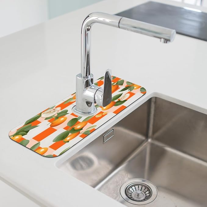 Orange Leaf Grid Pattern Kitchen Faucet Mat Splash Guard, 15.4”x5.7” Absorbent Quick Drying Sink Mat for Countertop Protection, Draining Mat Sink Protectors For Kitchen Bathroom, 2 Pack