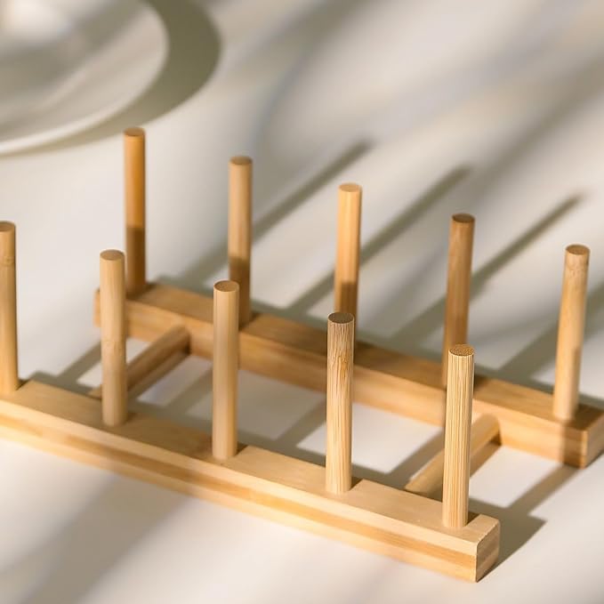 4 Pcs Bamboo Wooden Dish Rack, Plate Organizer for Cabinet Space Saver and Kitchen Counter, Bowl/Cup/Pot Lid/Cutting Board Drying Holder (4 Slots)