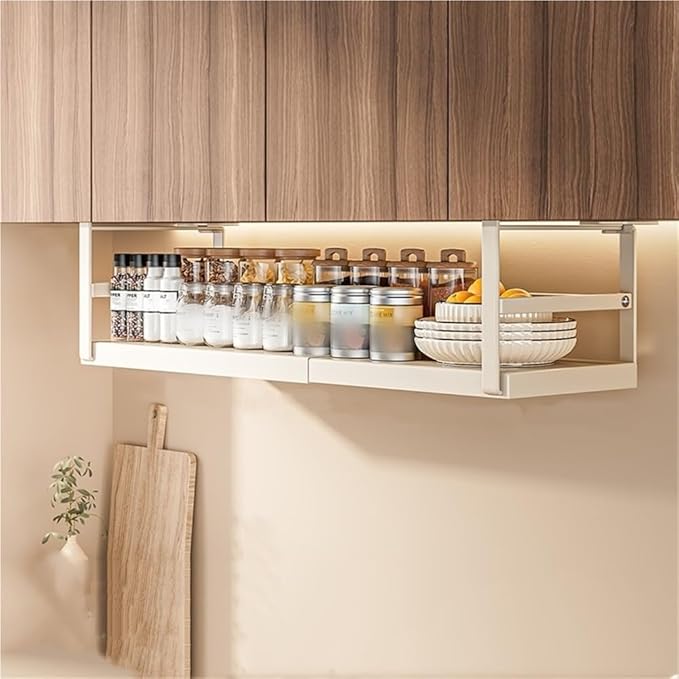 Hanging Under Shelf Storage Basket, Expandable Under Shelf Storage, Heavy Duty Slide-in Baskets Organizer for Pantry Cabinet(White,Large)