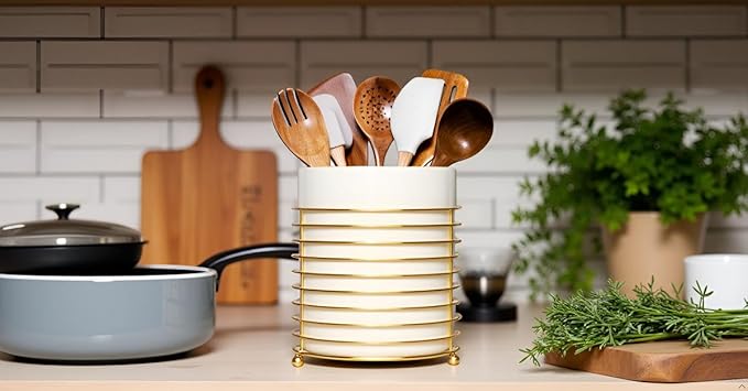 Utensil Holder for Kitchen Counter Large Cooking Utensil Holder,Gold Ring Metal Frame and White Ceramics