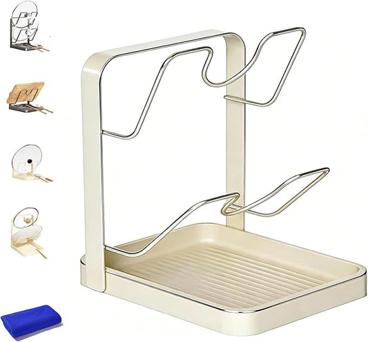 Kitchen Pot Lid Storage Rack, 304 Stainless Steel Holder and Spoon Rest, Lid Holder While Cooking, Multifunctional Kitchen Organizer Stand with Removable Drip Tray for Countertop (Double-layer Beige)