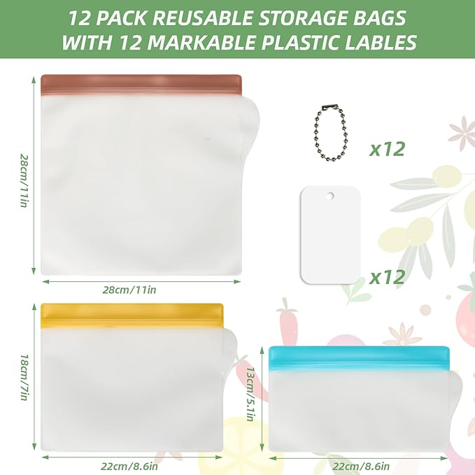 RLAVBL 12 Pack Reusable Freezer Bags, Leakproof Food Storage Bags for Vegetable, Liquid, Snack, Meat, Sandwich - 3 Gallon 4 Sandwich 5 Snack Bags