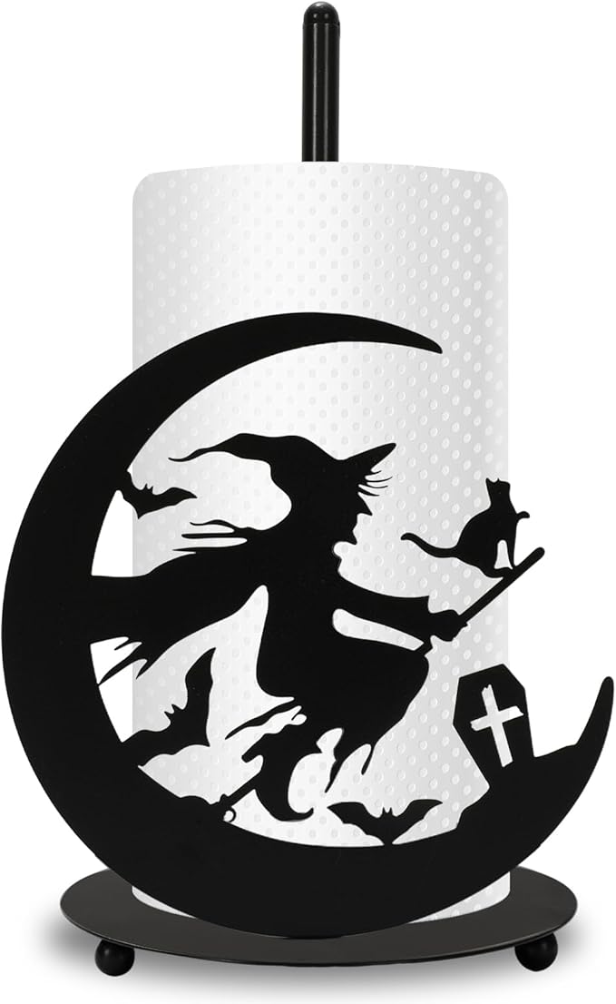 JarThenaAMCS Halloween Paper Towel Holder Black Witch Kitchen Decor Accessories for Home Bathroom, Large Metal Towel Holder Stand for Countertop