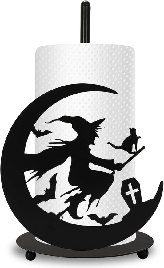 JarThenaAMCS Halloween Paper Towel Holder Black Witch Kitchen Decor Accessories for Home Bathroom, Large Metal Towel Holder Stand for Countertop