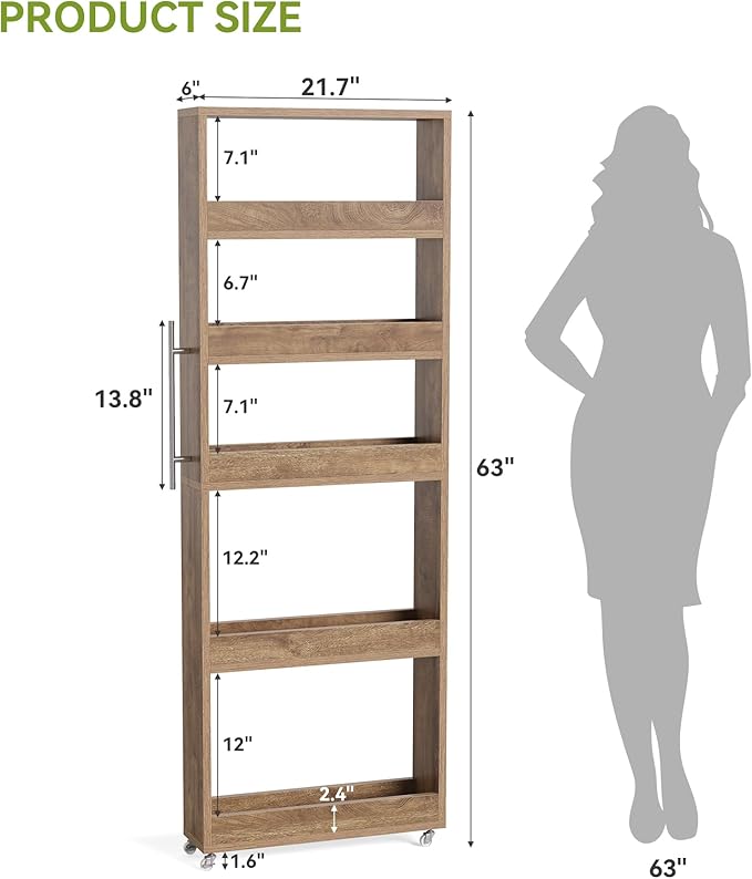 LITTLE TREE 63-Inch Slim Storage Cart on Wheels, 5-Tier Tall Narrow Mobile Shelf Organizer, Rolling Utility Cart with Metal Handle for Kitchen, Dining Room, Small Spaces, Brown