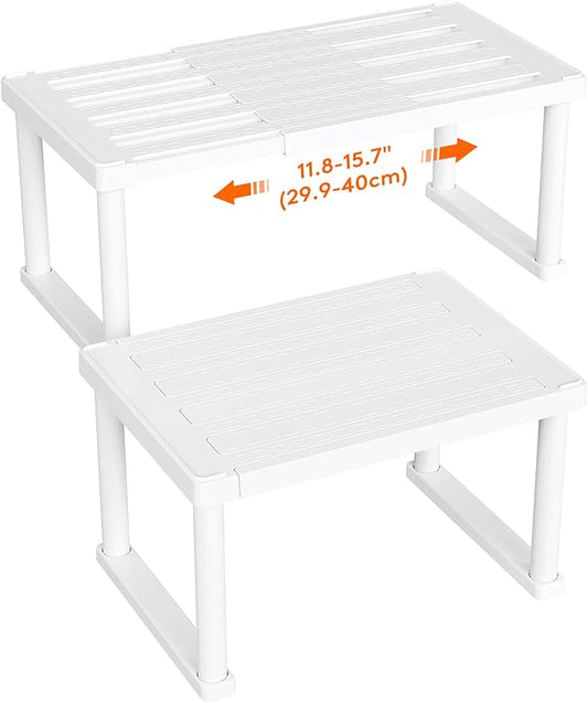 Lifewit Cabinet Shelf Organiser, Expandable Countertop Kitchen Shelves, Plastic Shelf Riser for Pantry Kitchen Storage and Spice Rack, Set of 2, 40 x 21 x 18cm/16 x 8 x 7 inch, White
