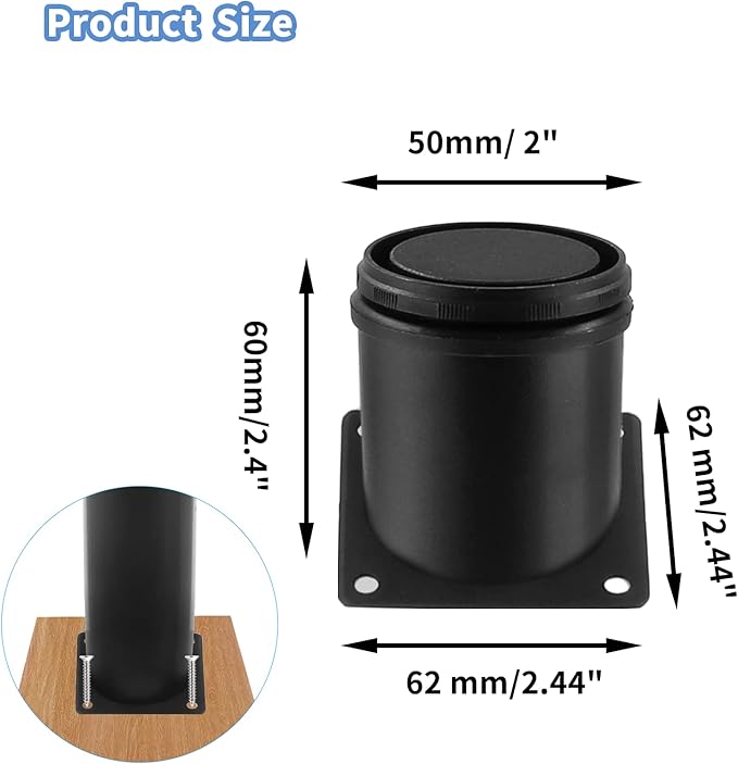 Set of 4 Stainless Steel Furniture Legs 2.4 Inch, Adjustable Round Cabinet Legs 2" Dia Kitchen Feet, Metal Replacement Legs for Cabinet Sofa Couch Shelves Table (Black)