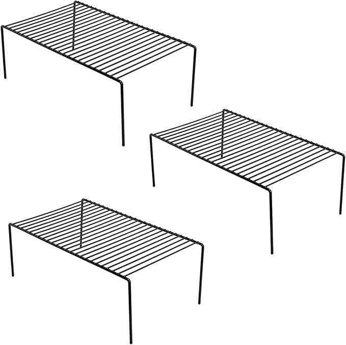 Kitchen Cabinet Shelf Organizer Set of 3, Large (15.7 x 9.4 inch) Metal Wire Pantry Storage Shelves, Dish Plate Racks for Cabinets, Freezer, Counter, Cupboard Organizers and Storage, Black