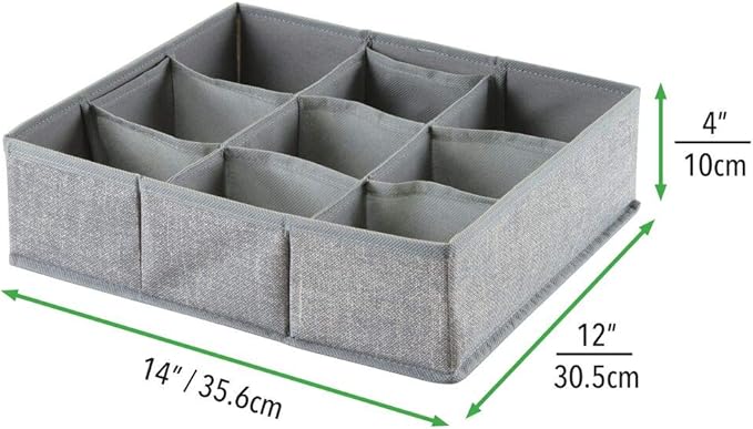 mDesign Soft Fabric 9 Section Dresser Drawer and Closet Storage Organizer for Child/Kids Room, Nursery, Playroom - Divided Large Organizer Bin - Textured Print with Solid Trim, 2 Pack - Gray