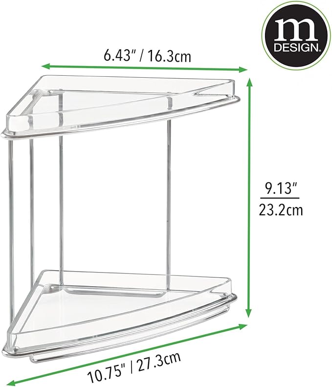 mDesign Steel/Plastic Freestanding Countertop Corner Shelf Organizer with 2-Tier Storage for Bathroom, Vanity, Cabinet, Counter - Holds Makeup, Bath Gel - Prism Collection - 2 Pack - Clear