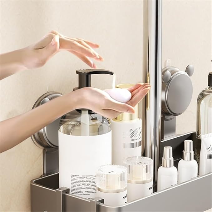 Shower Holder for Soap and Bath Essentials, Suction Cup Wall-Mounted Organizer with Ventilated Design, 30x12.5x4.5cm Plastic Storage Tray for Bathroom or Kitchen Use, Grey