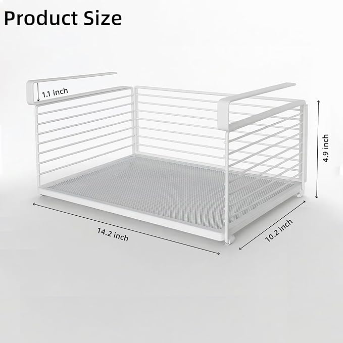 Under Shelf Basket - Heavy Duty Slide-In Metal Wire Hanging Organizer, Space Saving Storage Rack for Kitchen Cabinet, Pantry, Closet, Office (White)