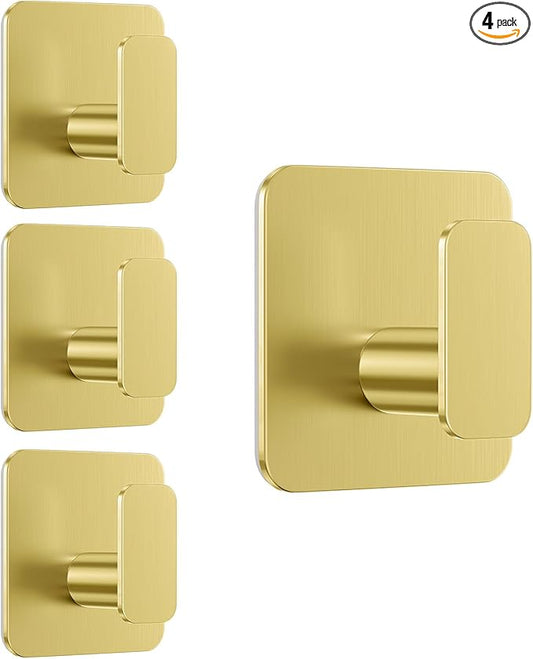 Aikzik Gold Hooks for Hanging Heavy Duty, Adhesive Hooks for Shower, Bathroom, Kitchen, Robe, Towel, Coat, Waterproof & Rustproof Hook for Walls No Damage, Stainless Steel Sticky Hook - 4 Pack