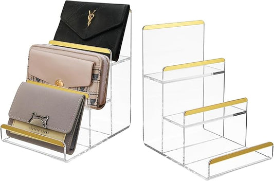 2 Pack 3-Tier Purse Display Stands, Acrylic Wallet Holder Risers Stand, 2-Inch Spacing Clear Clutch Rack Handbag Display Shelf, 4MM Thick Counter Wallet Organizer for Figure Sunglasses Retail Vendor