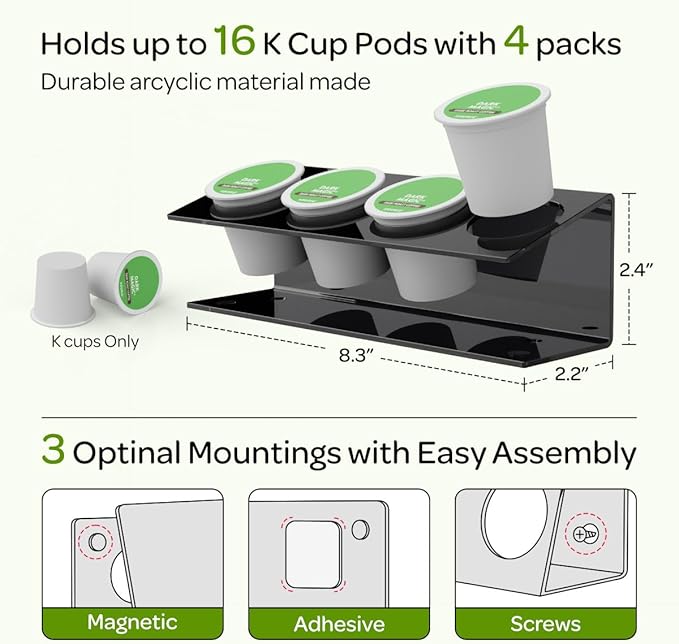 K Cup Holders, Acrylic Coffee Pods Organizer Stand Magnetic & Self-Adhesive Wall Mounted K Cup Stand for Kitchen Wall, Cabinet, Fridge (4 Pack for 16 Pods)